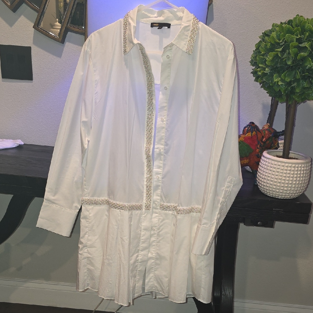 Maje White Long Sleeve Dress With Silver Accents